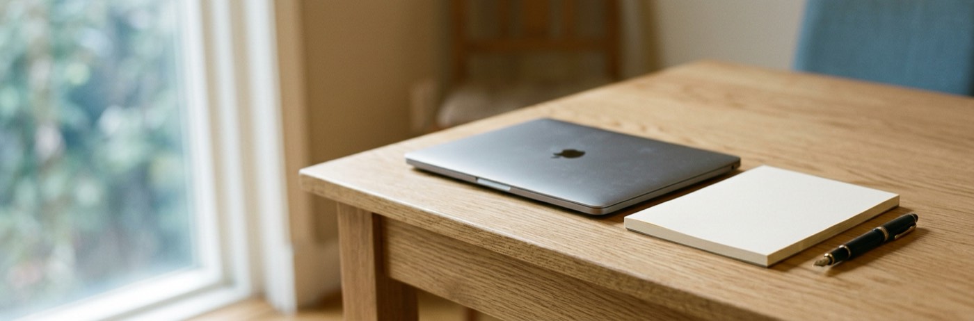 Un ordinateur portable fermé sur une table en chêne, à côté de feuilles vierges et d'un stylo