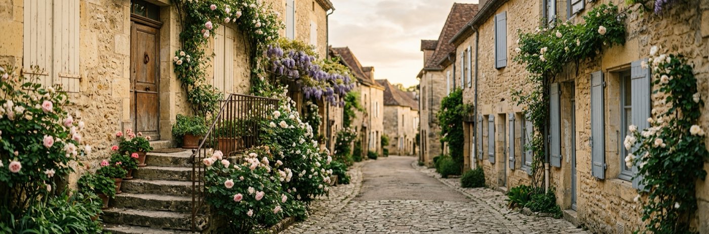 Ruelle d'un village français en été, murs en pierre dorée, rosiers et glycine